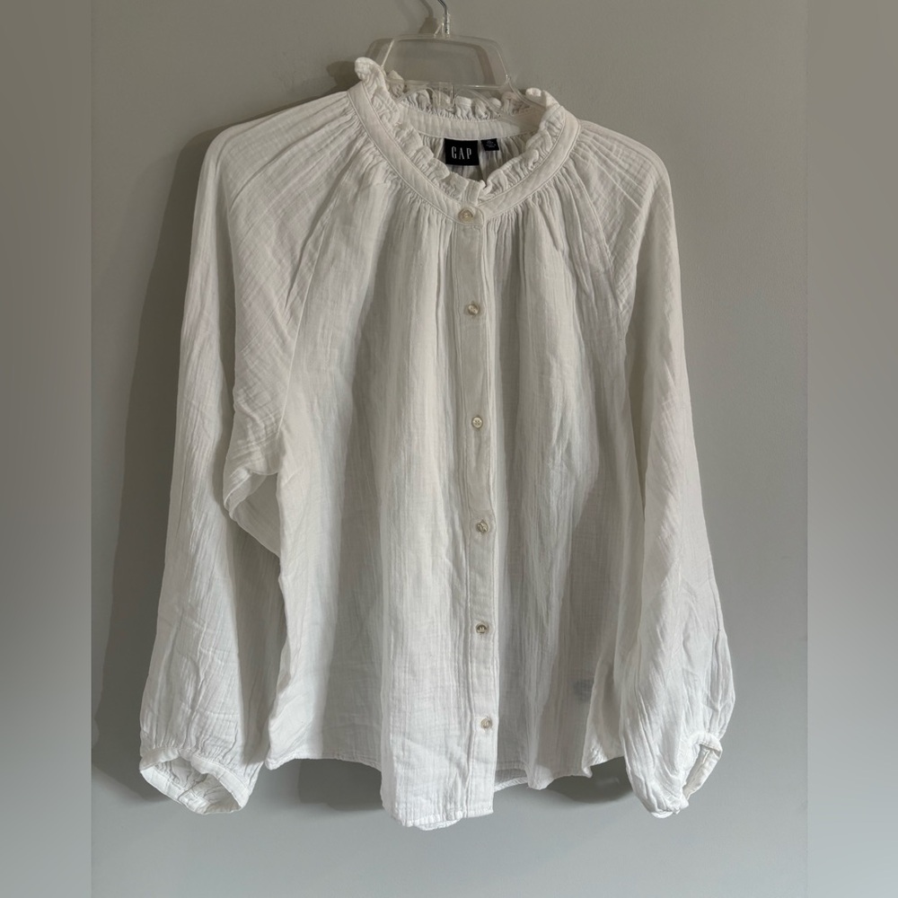 GAP White Ruffled-Neck Button-Down Blouse 100% Cotton Size XL Tall NWT